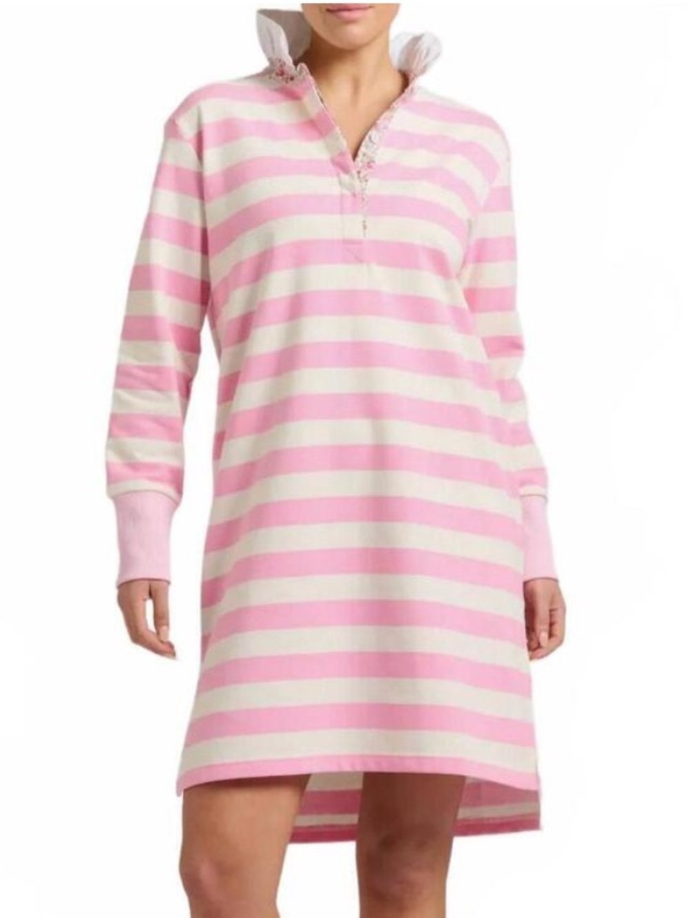 NWT Shirty Bea Rugby Pink Cream Ruffle Collar Dress Floral Accents Long Sleeve M